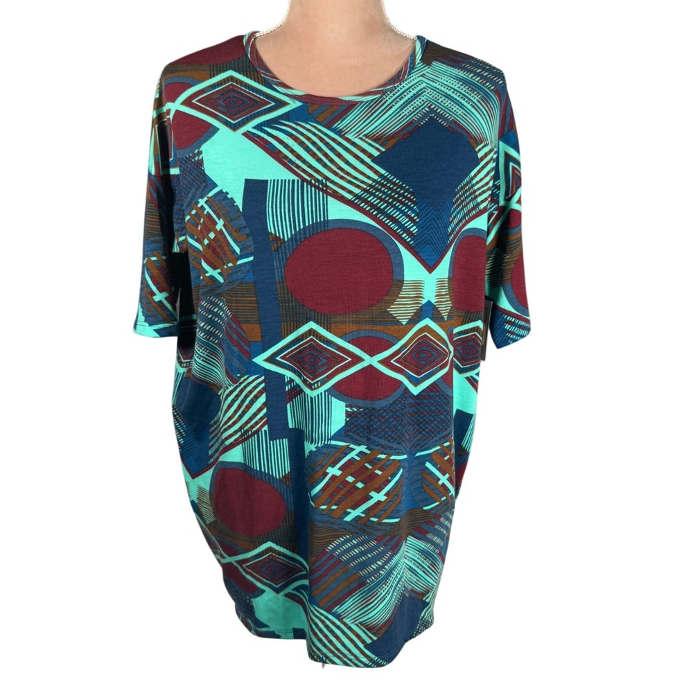 LuLaRoe Irma Tunic Top Women XXS Teal Burgundy Geometric Abstract Print New Flaw